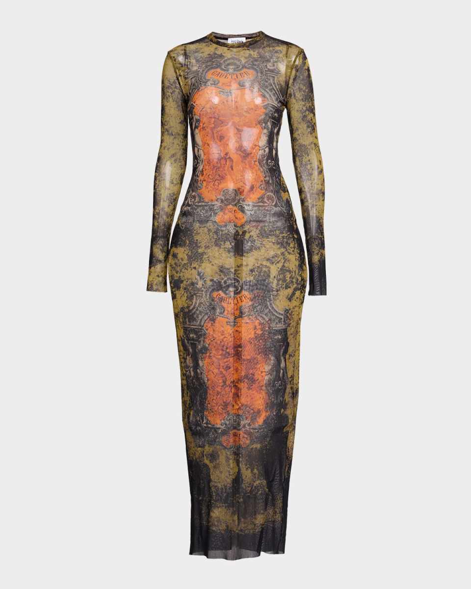 Medallion-Print Mesh Long-Sleeve Maxi Dress